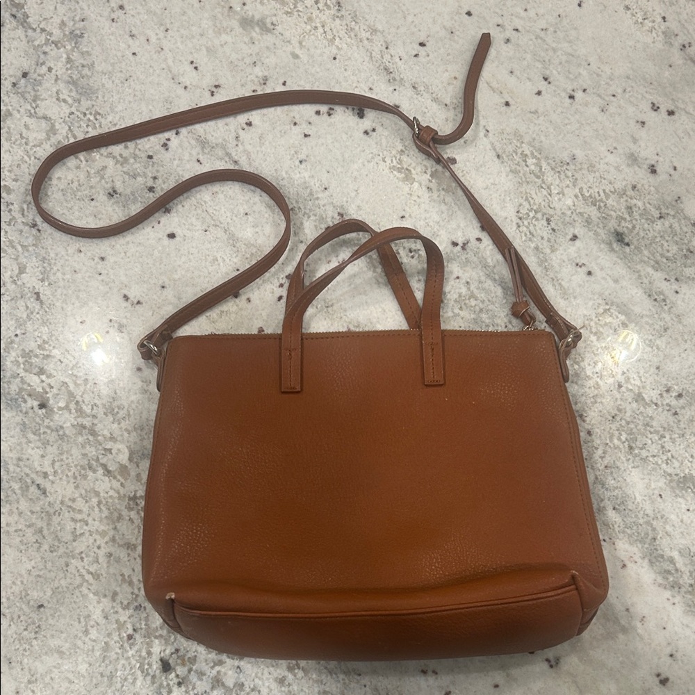 Women’s Brown Leather Tote Crossbody Bag, gold accents. Some wear on corner